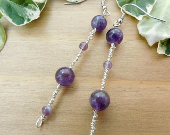 Amethyst & Sterling Silver Wire Wrapped Dangle Earrings , February Birthstone Earrings, Crystal Jewellery, Hypoallergenic