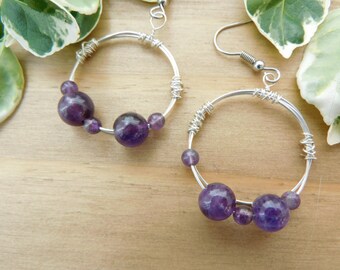 Amethyst & Sterling Silver Wire Wrapped Dangle Earrings , February Birthstone Earrings, Crystal Jewellery, Hypoallergenic