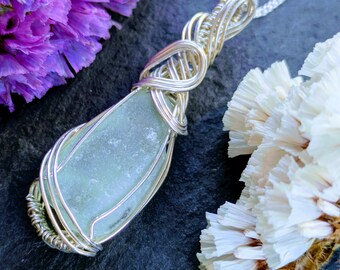 Sea Glass Silver Necklace, Anniversary Birthday Gifts for Her, White Necklace, Sea Glass Jewellery, Natural Sea Glass, Beach Glass