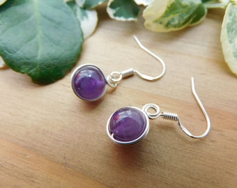 Amethyst & Sterling Silver Wire Wrapped Teeny Delicate Dangle Earrings , February Birthstone Earrings, Crystal Jewellery, Hypoallergenic