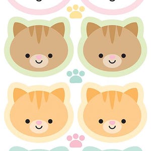 May include: A printable sheet with eight different cute cat faces. The cats have different colored fur, including white, brown, orange, and gray. The sheet also includes four paw prints.