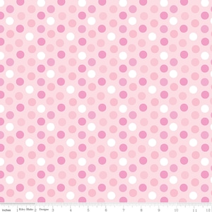 May include: A pink and white polka dot fabric with a repeating pattern of white and pink circles on a light pink background.