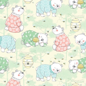 May include: A repeating pattern featuring cartoon bears in pajamas, honey pots, bees, and beehives. The bears wear pajamas in shades of pink, green, and blue. The background is a light yellow with green trees and flying bees.