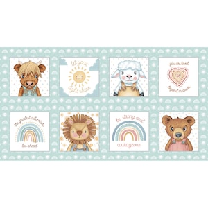 May include: A fabric panel featuring eight square illustrations of adorable animals and inspirational phrases. The animals include a Highland cow, lamb, lion, and bear, each wearing overalls. Phrases include "Let your light shine" and "The greatest adventure lies ahead."
