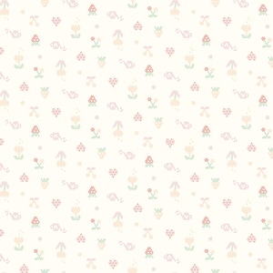 May include: A repeating pattern of small, colorful, pixelated illustrations on a cream background. The design includes flowers, hearts, cherries, snails, and other floral elements in shades of pink, green, and orange.
