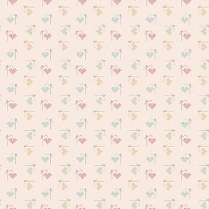 May include: A repeating pattern of cross-stitched hearts in various colors, including red, blue, yellow, and green, with a needle and thread design on a cream background. The hearts are evenly spaced, creating a textile or wallpaper effect.