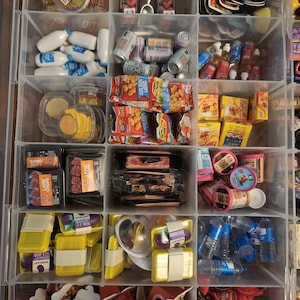 May include: A clear plastic storage organizer with multiple compartments filled with miniature toy food items, including tiny milk jugs, soda cans, snack bags, meat packages, ice cream tubs, water bottles, and small takeout containers.