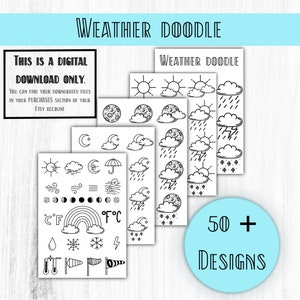 Iconos meteorológicos de Doodle, iconos de pronóstico, símbolos meteorológicos, imágenes prediseñadas meteorológicas, fases lunares descriptivas, garabatos de Bullet Journal