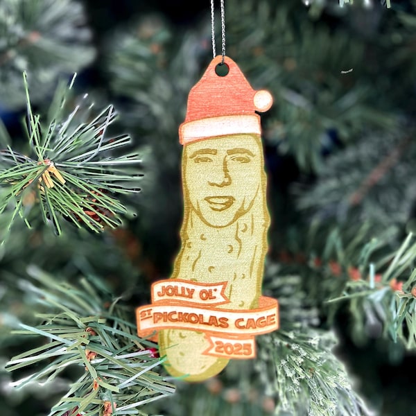 Nicolas Cage Pickolas Cage Christmas Pickle Ornament: Funny Personalized Wood Gift