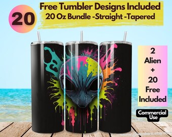 Alien Tumbler Wrap 3D Alien Splash Tumbler Wrap Design Commercial Use 20 Oz Skinny Tumbler Wrap Bundle Alien Tumbler PNG Straight, Tapered