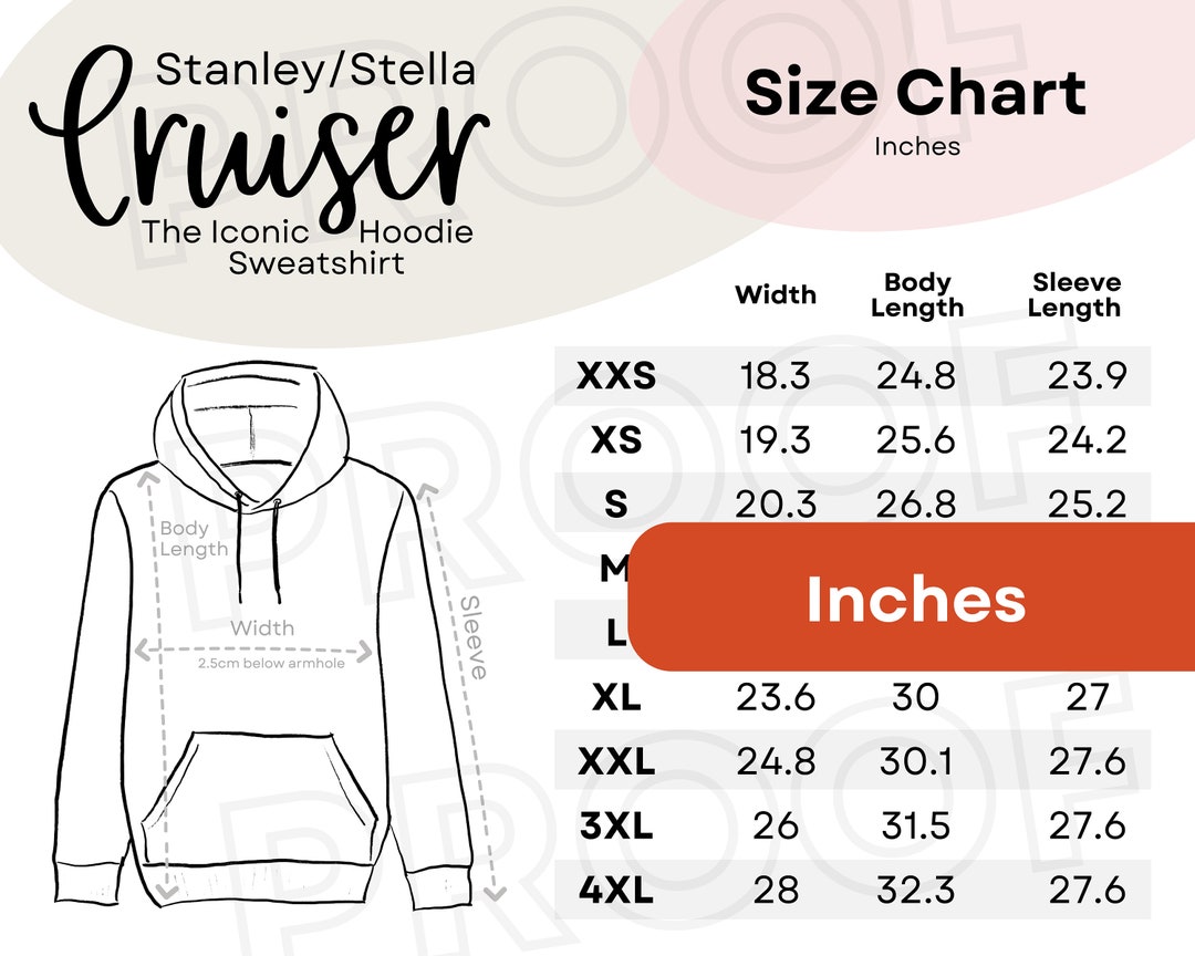 Stanley Stella Cruiser Size Chart INCHES, Cruiser Hoodie, Unisex Sizing