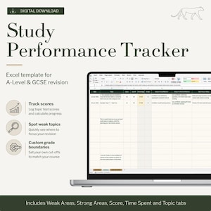 Studieren Sie Performance Tracker | GCSE & A-Level-Repeat-Planer Excel-Vorlage | Verfolgen Sie Testergebnisse, erkennen Sie schwache Themen, Prüfungsvorbereituns-Arbeitsblatt
