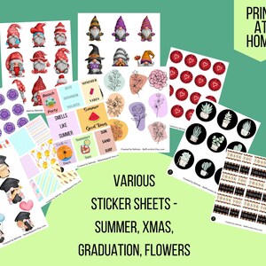 Hojas de pegatinas imprimibles, Navidad, Halloween, Gnomos de graduación, fondos de Summer Lollypops y papeles digitales,