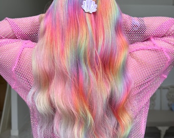 Pastel Regenbogen Prisma Menschenhaarperücke