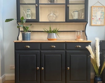 Refurbished Ducal Victoria pine Welsh dresser display cabinet painted in Little Greene Paint Company Basalt