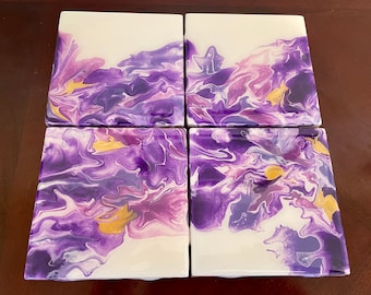 Abstract floral ceramic tile coasters, Purple, pink & gold fluid art coasters, Handmade gifts for the home