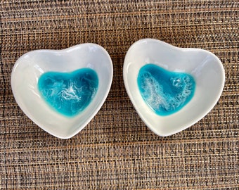 Two teal heart ceramic resin ring dishes, trinket dishes, Gifts for her