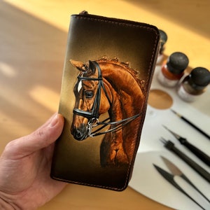 Horse Carving Long Wallet, Zipper Long Leather Wallet, Wallet for Women, HandTooled Leather Wallet, Mother’s Day Gifts