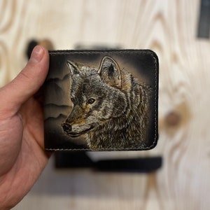 Wolf Carving Wallet, Grey Wolf, Leather Wallet, Rocky Mountains, Hand Tooled Leather