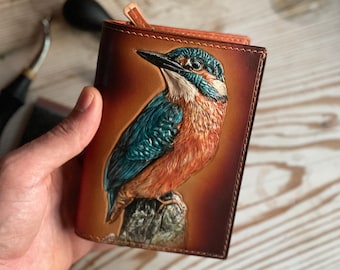 Cartera de piel con relieve de martín pescador hecha a mano con múltiples bolsillos y materiales duraderos, cartera para mujer, regalos para el día de la madre