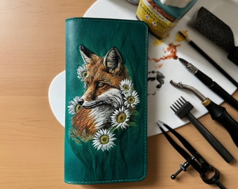 Cartera de piel con grabado de zorro, cartera larga de piel, cartera de piel para mujer, cartera con grabado de flores, cartera con relieve, regalo para el Día de la Madre