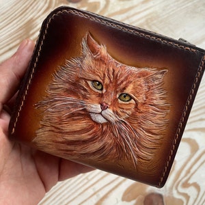 Cartera de cuero con cremallera en forma de L para mujer, cartera de cuero con diseño de gato tallado, cartera de gato atigrado naranja, cartera de cuero hecha a mano