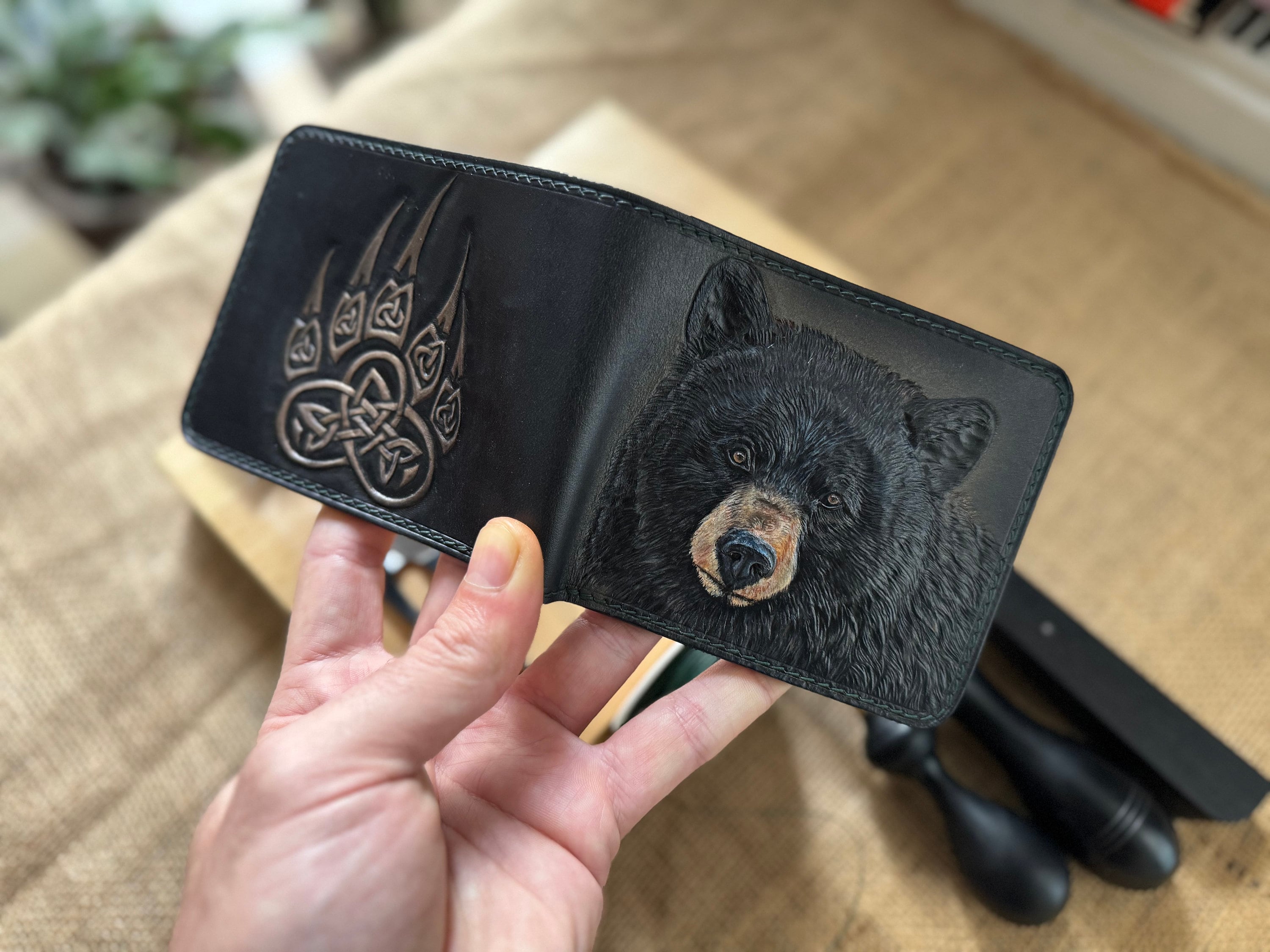 Black Bear Leather Wallet, Bear Carving Wallet, Handtooled Black Bear Leather Wallet, Bear Carving Wallet, Handtooled