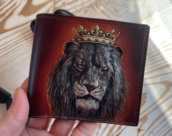 Cartera de cuero con tallado de león, Cartera de cuero Scarface, Cartera King Lion, Cartera de cuero labrado a mano, Cartera de cuero de grano completo, Cartera Uniqe
