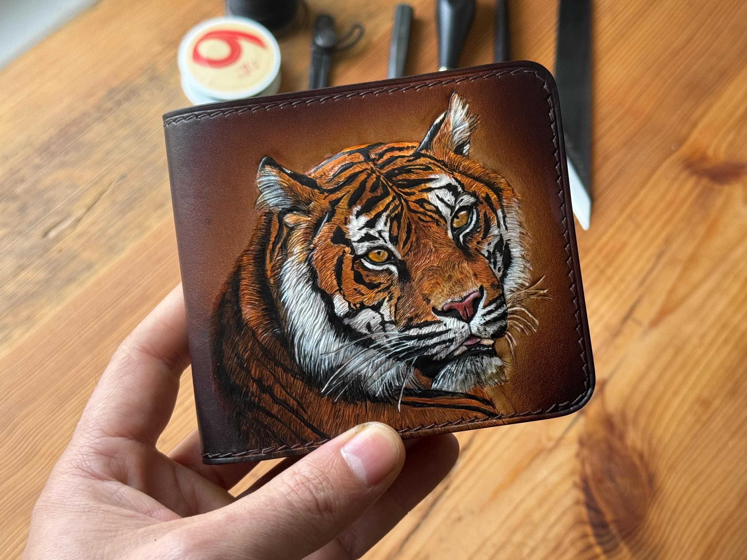 Tiger Carving Wallet, Handtooled Leather Wallet, Leather