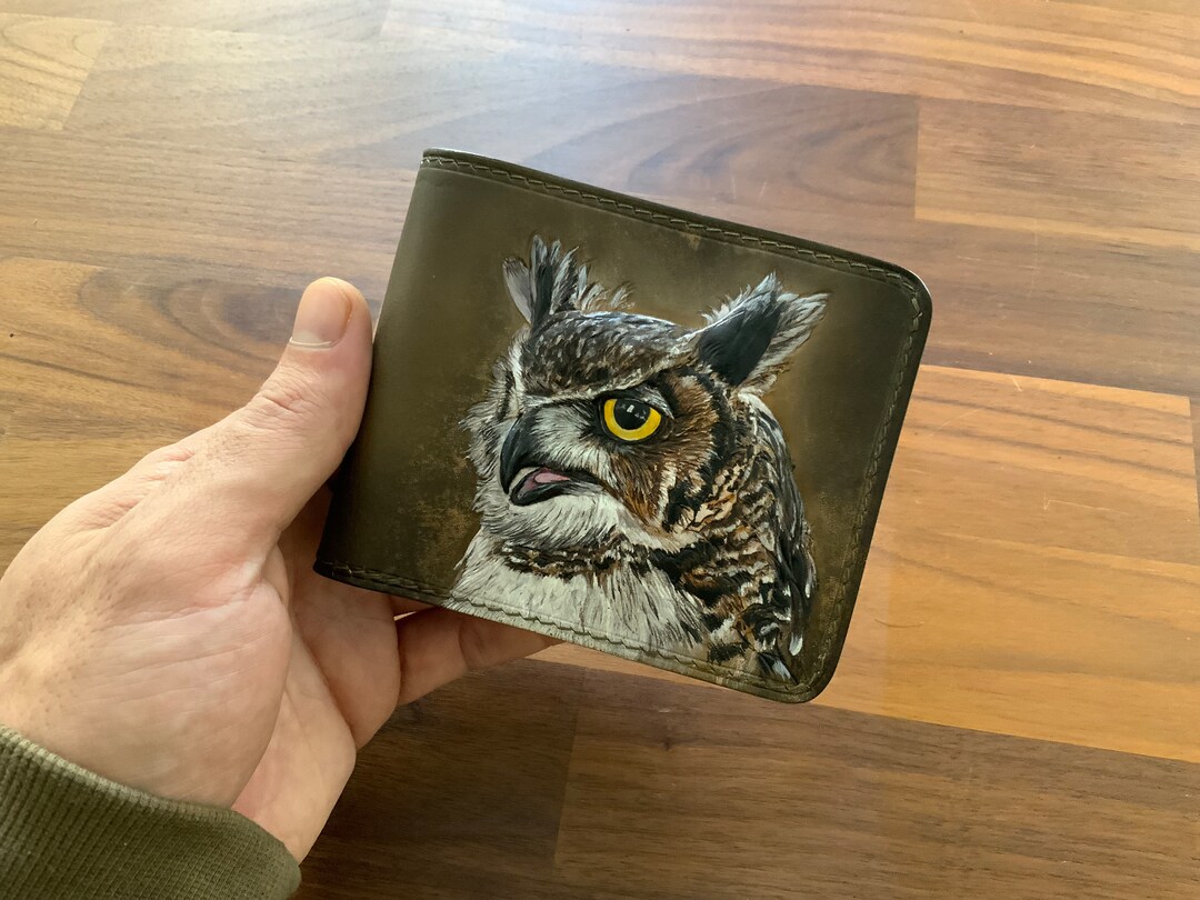 Owl Leather Wallet Horned Owl Wallet Leather Carving Wallet Etsy