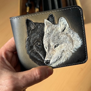 Wolf schnitzen Leder Brieftasche, paar Wolf geprägt, weiße Wolf Brieftasche, Brieftasche für Männer, handpunzierte Leder Brieftasche, schwarzer Wolf geschnitzt