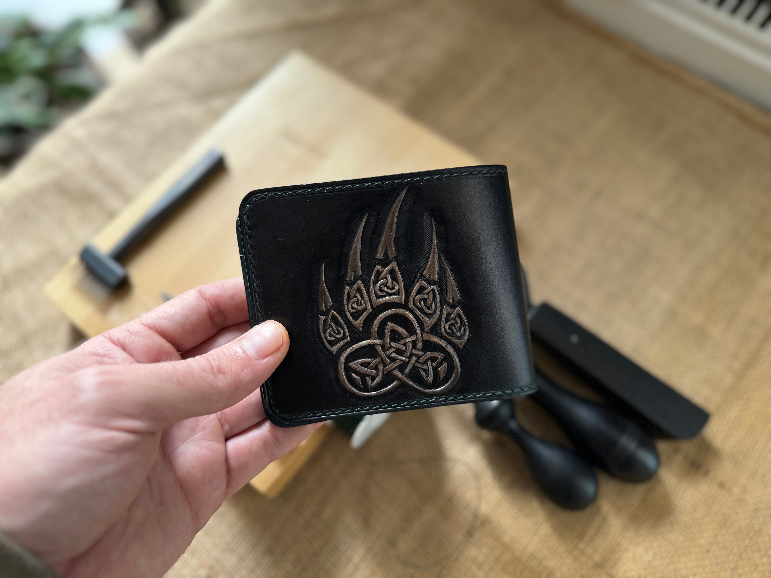 Black Bear Leather Wallet, Bear Carving Wallet, Handtooled Black Bear Leather Wallet, Bear Carving Wallet, Handtooled