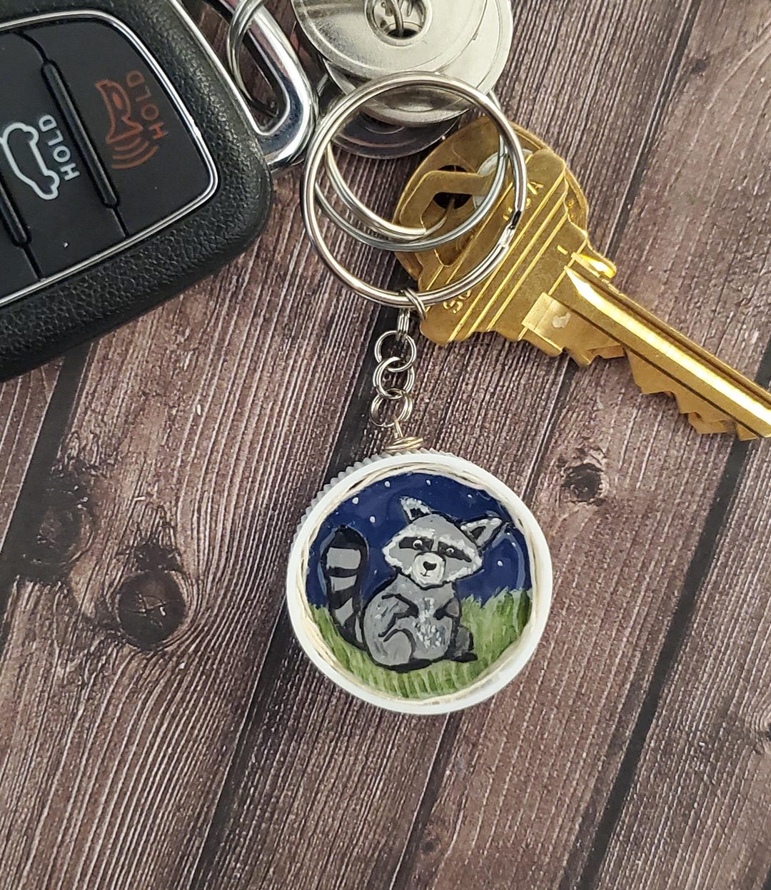 Pvc Raccoon Keychain Handpainted Racoon Keychain Made With Repurposed Plastic Caps - Etsy
