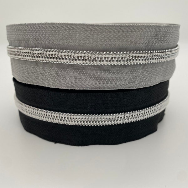 Reißverschluss Silver Star, grau oder schwarz, breit / metallisierter Endlosreißverschluss mit Spiralraupe / Meterware