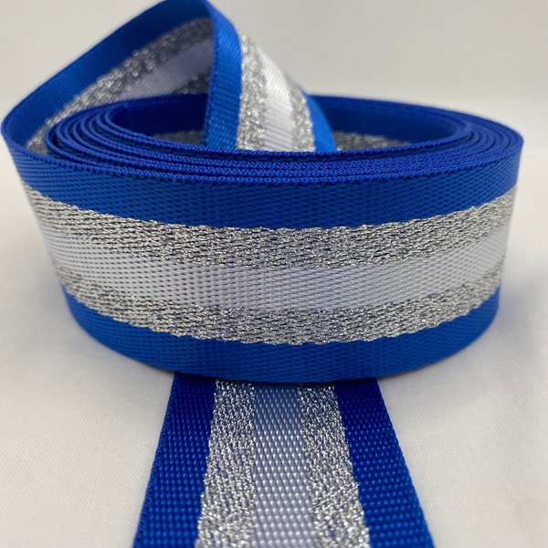 Gurtband „White&Silver Stripes“, royalblau / 38mm