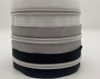 Reißverschluss Silver Star, grau, weiß oder schwarz, breit / metallisierter Endlosreißverschluss mit Spiralraupe / Meterware