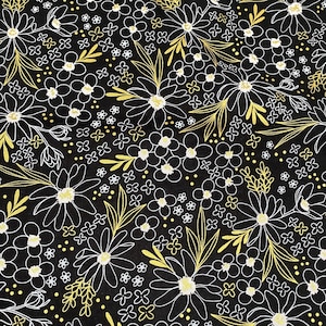 Könnte beinhalten: Schwarzer Stoff mit einem weißen und goldenen Blumenmuster. Das Muster zeigt kleine und große Blumen, Blätter und Punkte.