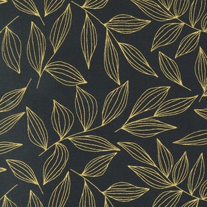 Könnte beinhalten: Ein nahtloses Muster aus goldenen Zweigen und Blättern auf dunkelblauem Hintergrund.