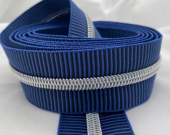 Reißverschluss Silver Stripes, breit, schwarz-jeansblau / Endlosreißverschluss mit metallisierter Kunststoffraupe / Meterware