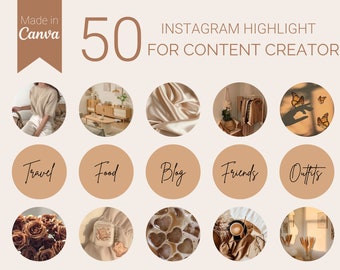 May include: A digital product graphic with the text "50 Instagram Highlight for Content Creator" and "Made in Canva." The image features a series of circular icons with various themes, including travel, food, and outfits, in a neutral color palette.