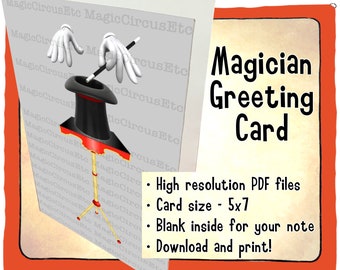 Magician hands in white gloves and wand waving over top hat. Vintage unique magician table. Printable download, card size 5x7.