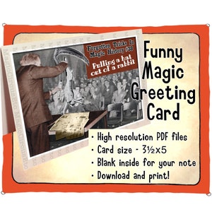 Zauberer zieht Hut aus einem Hasen. Klassische Illusion rückwärts, lustige Grußkarte für Magie-Fans. Printable Download, Kartengröße 3,5x5.