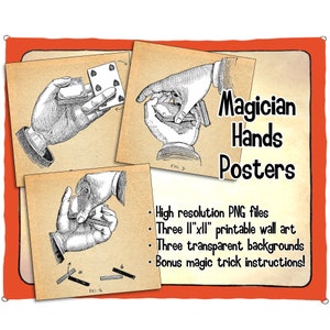Pósteres de arte de pared imprimibles de manos de mago. Archivos PNG de alta resolución que muestran varias etapas de manipulación, ¡también incluyen instrucciones de trucos de magia!