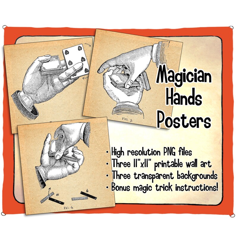 Magician's hands printable wall art posters. Hi-res PNG files showing various stage of manipulation, also include magic trick instructions image 1