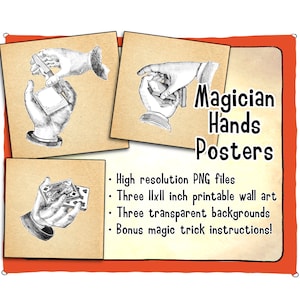 Pósteres de arte de pared imprimibles de manos de mago. Archivos PNG de alta resolución que muestran varias etapas de manipulación, ¡también incluyen instrucciones de trucos de magia!