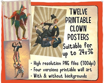 Twelve fancy circus clowns printable wall art posters. Hi-res PNG files, all with and without backgrounds