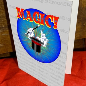 Magician hands in white gloves and wand waving over top hat. MAGIC Printable download, card size 5x7. image 3