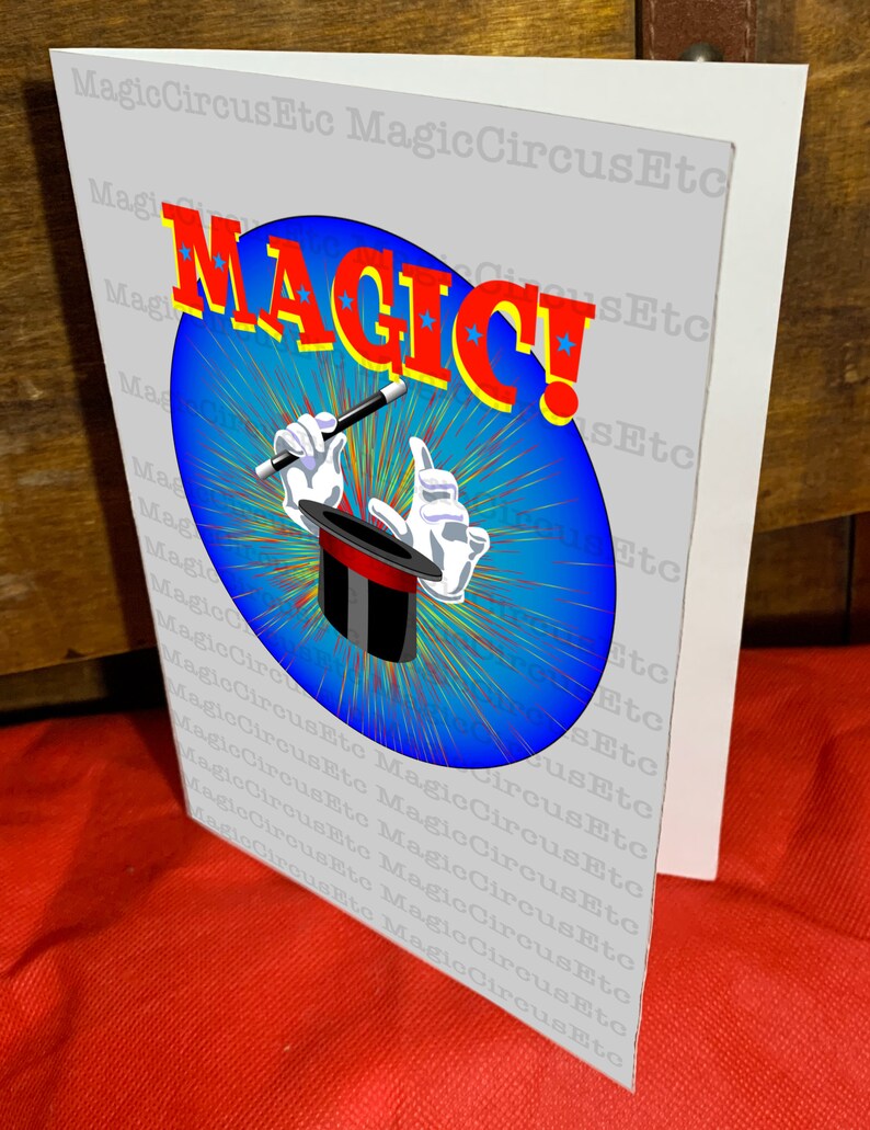 Magician hands in white gloves and wand waving over top hat. MAGIC Printable download, card size 5x7. image 3