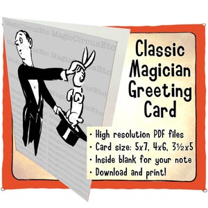 Magician pulling rabbit from top hat, classic vintage magic trick. Printable download, card sizes 5x7, 4x6, 3.5x5. imagem 1