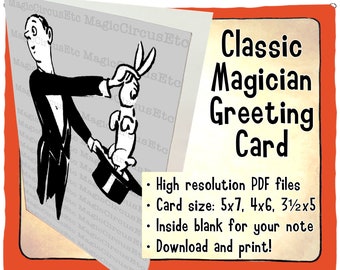 Magician pulling rabbit from top hat, classic vintage magic trick. Printable download, card sizes 5x7, 4x6, 3.5x5.